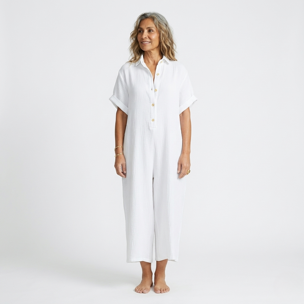 Women’s Wide-Leg Jumpsuit - Elegant Button-Front and Relaxed Half-Sleeve Fit