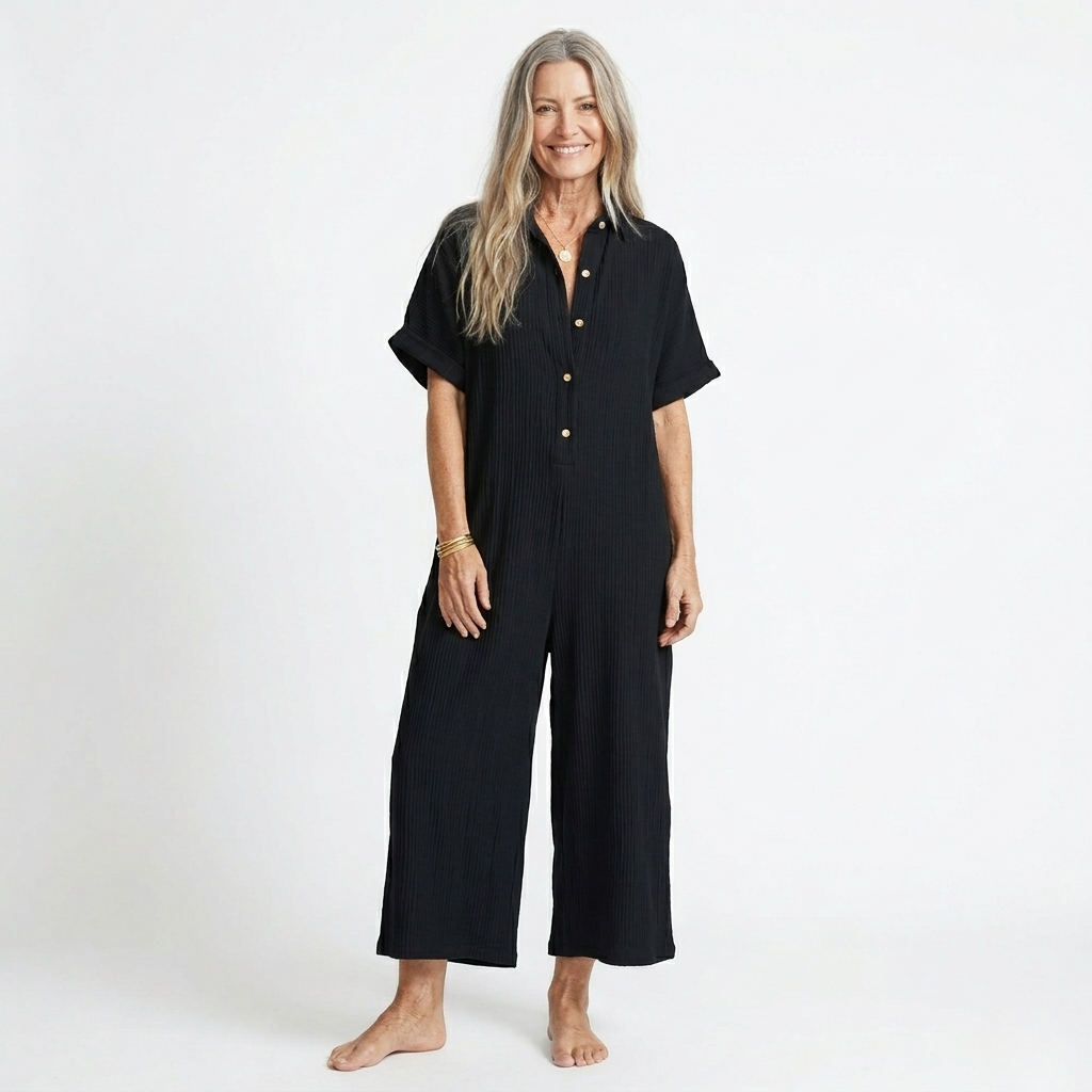 Women’s Wide-Leg Jumpsuit - Elegant Button-Front and Relaxed Half-Sleeve Fit