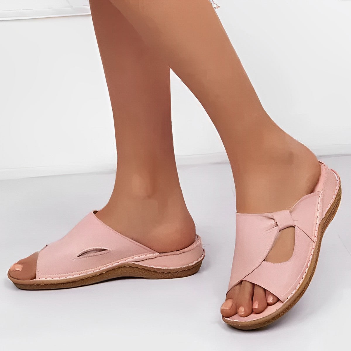 Women's Leather Open-Toe Sandals - Contrast Stitching and Orthopedic Sole Fit