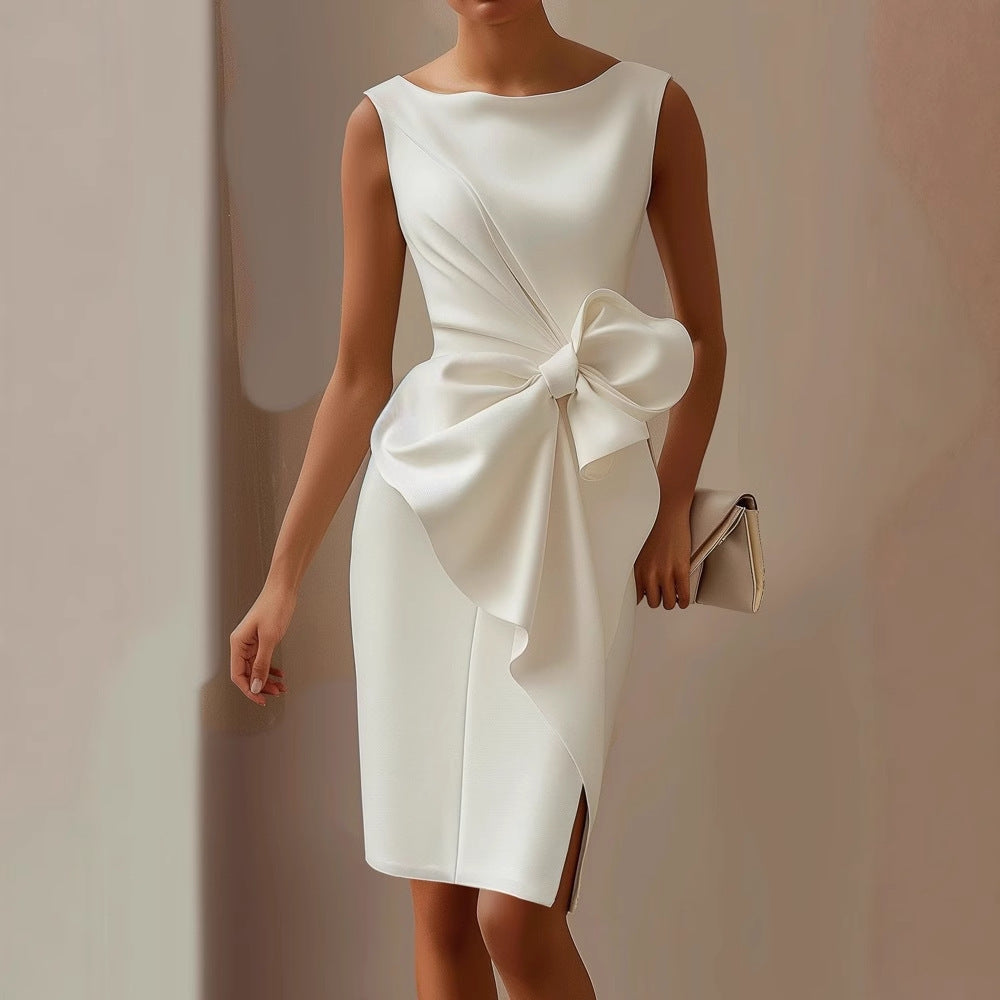 Women's Cocktail Dress Wedding Guest Ruched Midi Bow