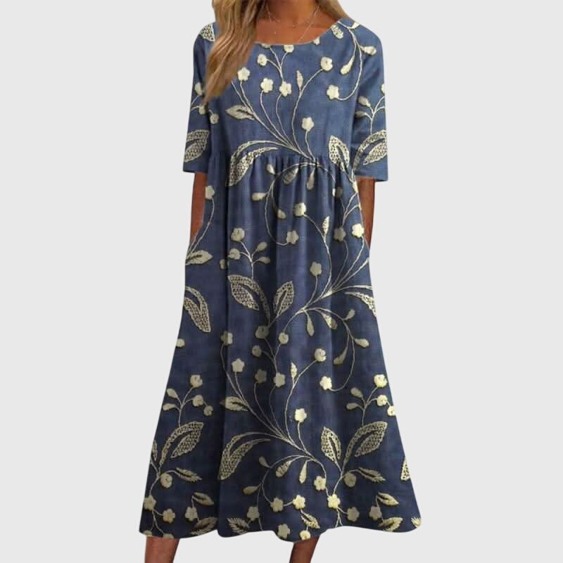 Women's Linen Midi Floral Dress - Round Neck and Half Sleeve Fit