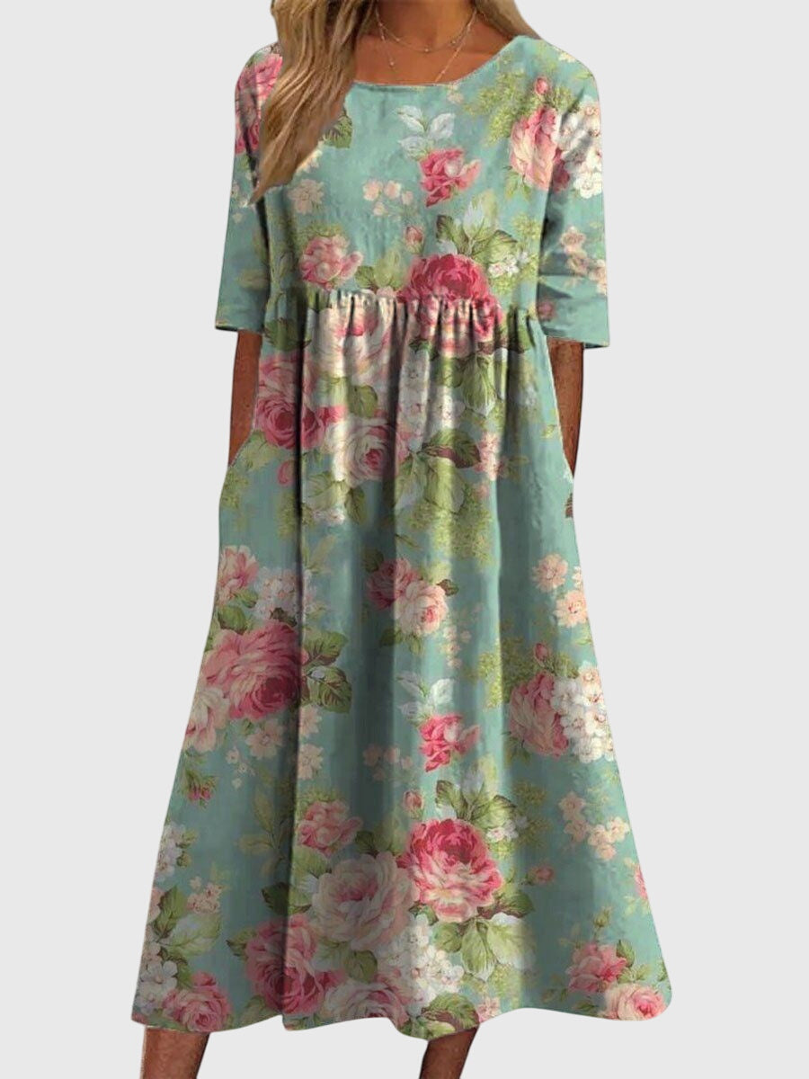 Women's Linen Midi Floral Dress - Round Neck and Half Sleeve Fit