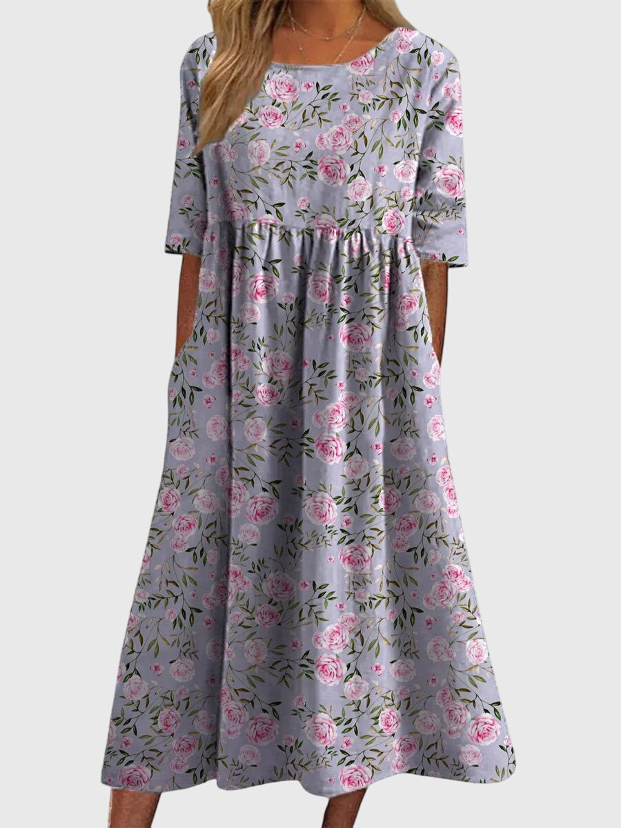 Women's Linen Midi Floral Dress - Round Neck and Half Sleeve Fit