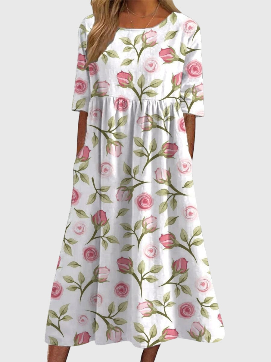 Women's Linen Midi Floral Dress - Round Neck and Half Sleeve Fit