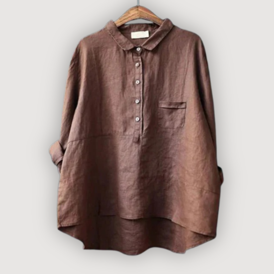 Women's Linen Button Down Shirt Single Pocket and High-Low Hem