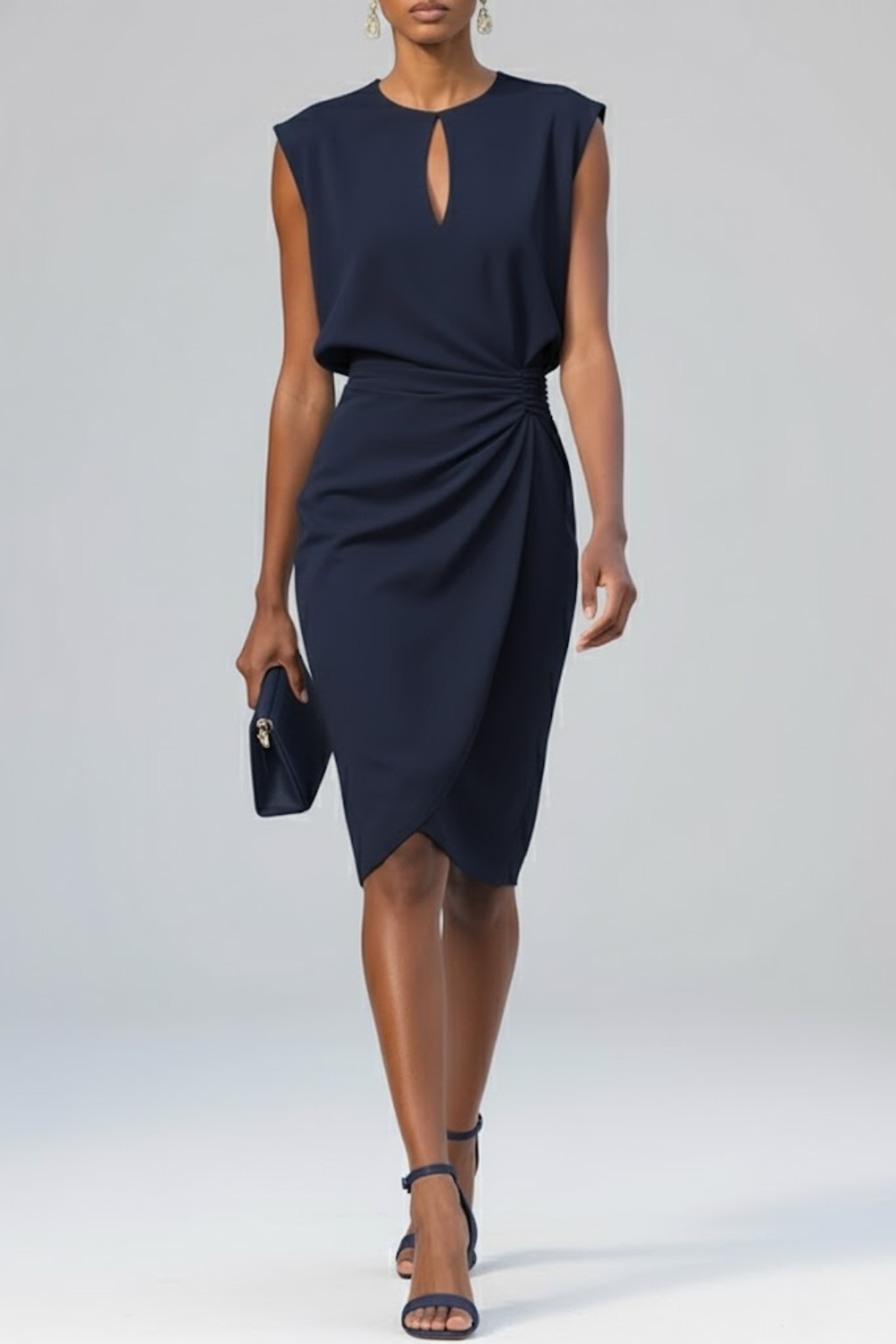 Women's Midi Dress Keyhole Ruched Sleeveless Cocktail
