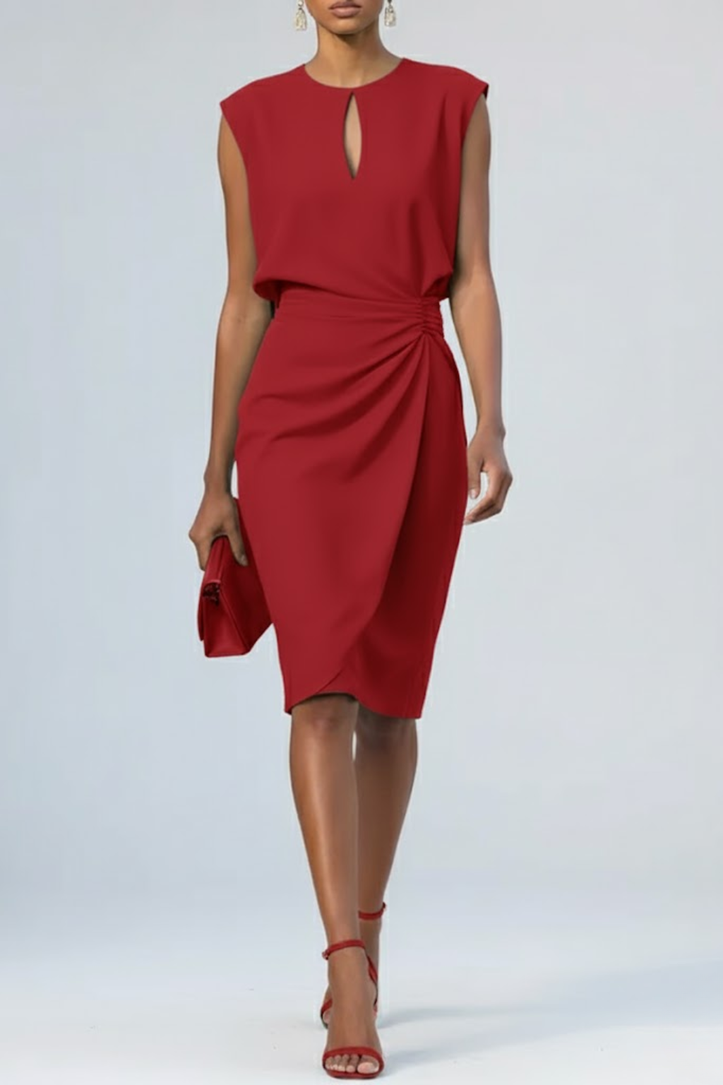 Women's Midi Dress Keyhole Ruched Sleeveless Cocktail