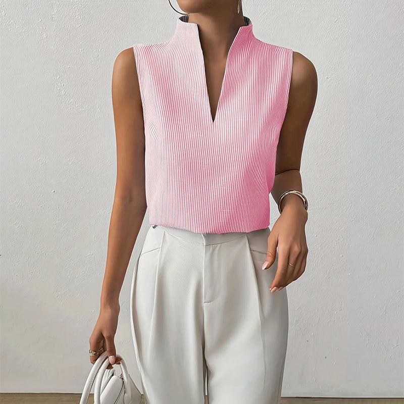 Women's Pleated Sleeveless Top - Notched V-Neck and Mock Collar Fit