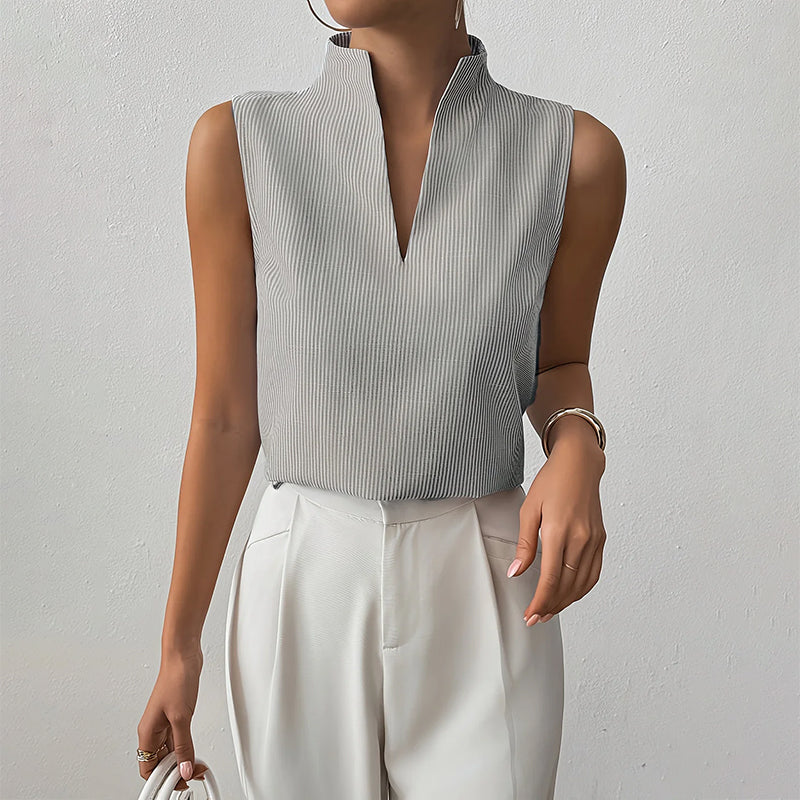 Women's Pleated Sleeveless Top - Notched V-Neck and Mock Collar Fit