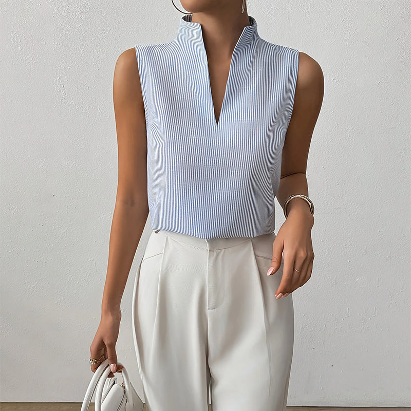 Women's Pleated Sleeveless Top - Notched V-Neck and Mock Collar Fit