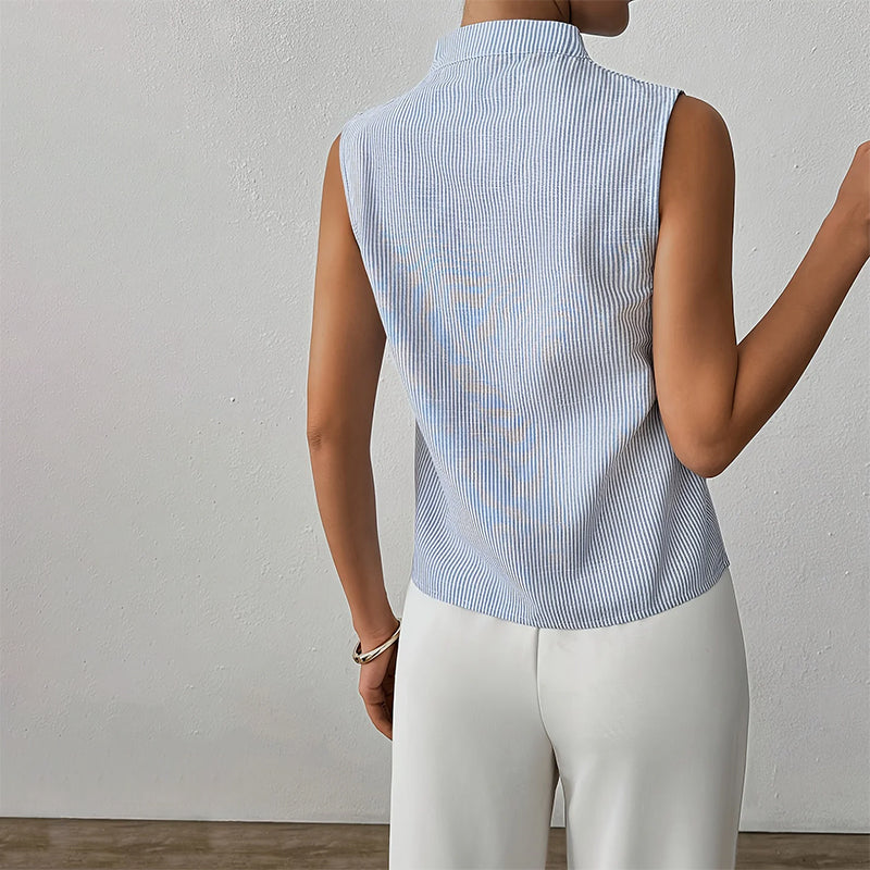 Women's Pleated Sleeveless Top - Notched V-Neck and Mock Collar Fit