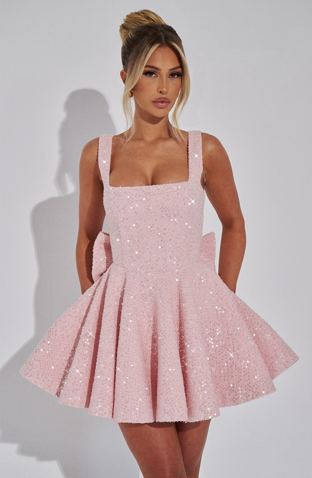 Women's Sequin Dress Square Neck Bow Mini Party