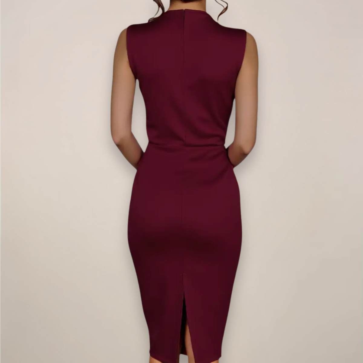 Women's Sleeveless Midi Dress - Mock Neck and Ruched Side Detail