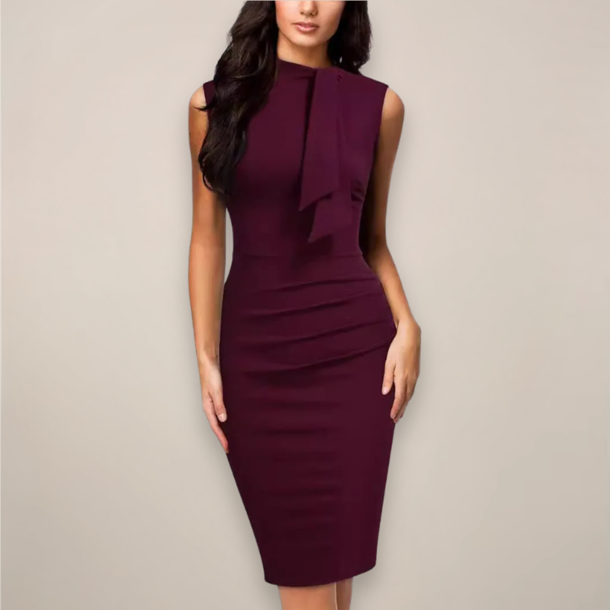 Women's Sleeveless Midi Dress - Mock Neck and Ruched Side Detail