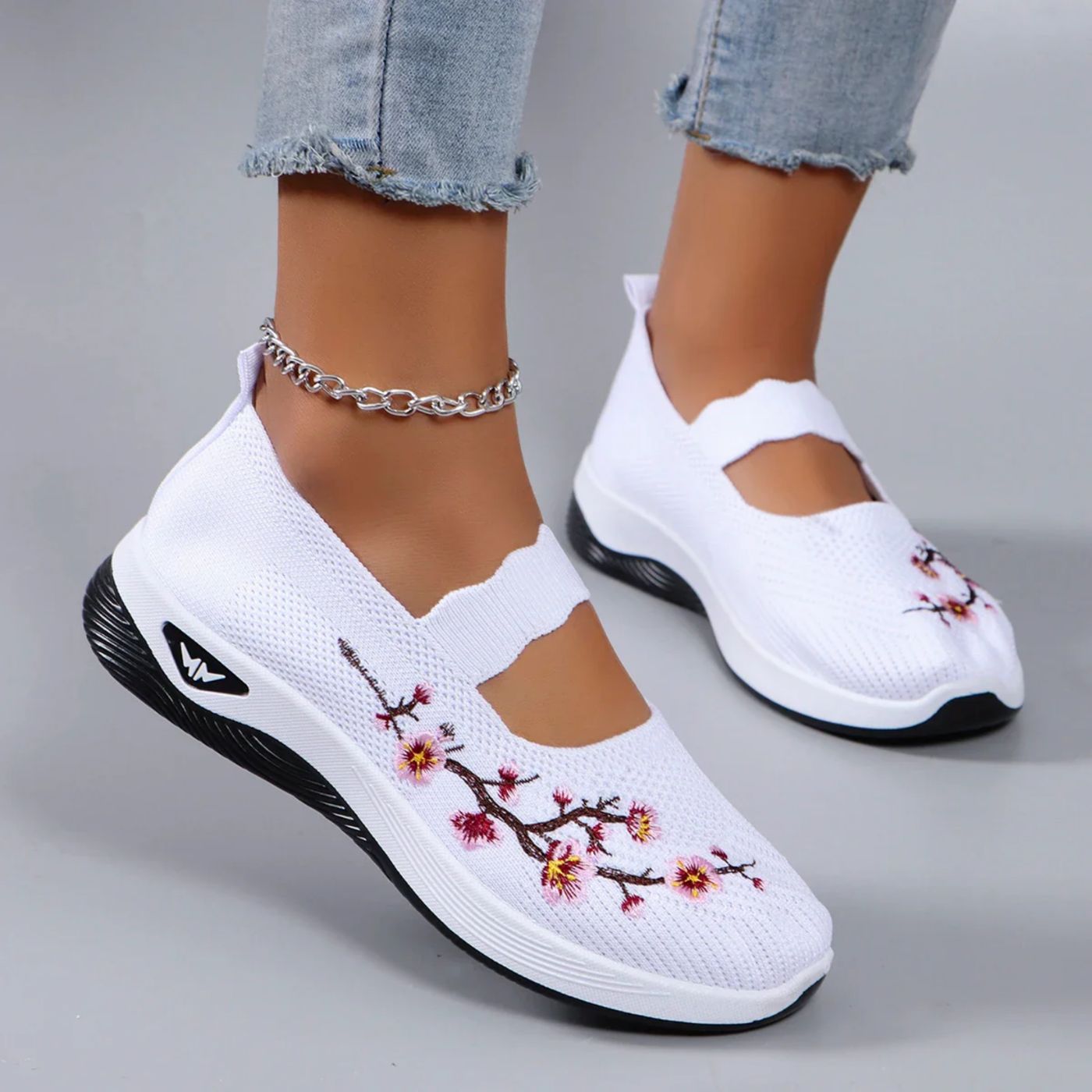 Women's Knit Slip-On Shoes - Floral Embroidery and Elastic Strap Fit