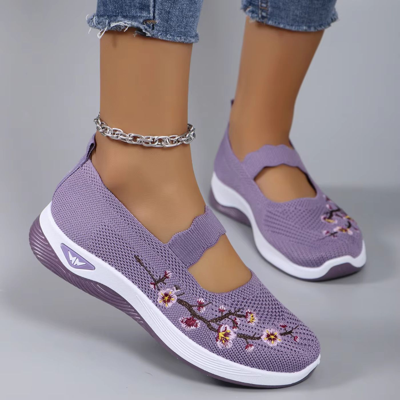 Women's Knit Slip-On Shoes - Floral Embroidery and Elastic Strap Fit