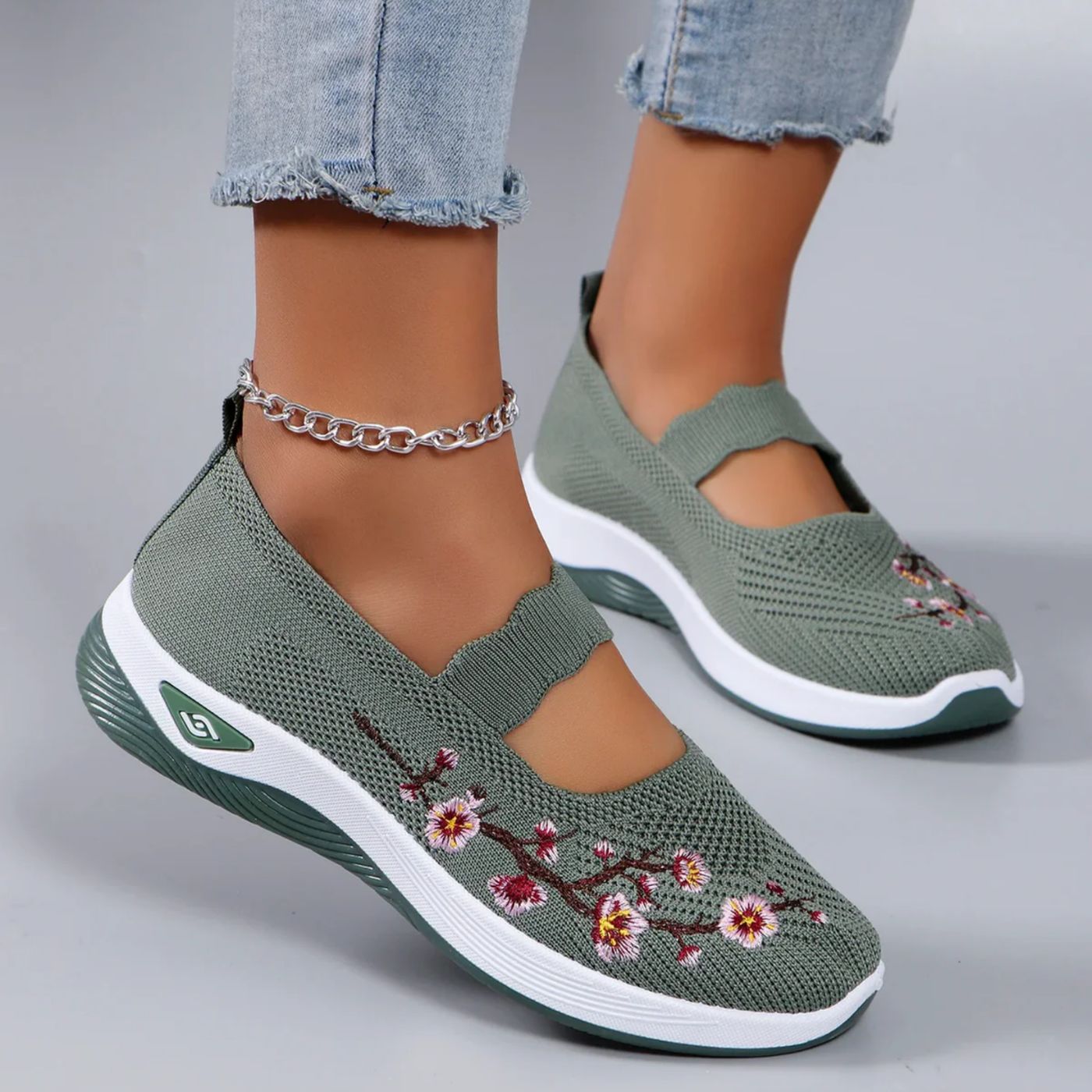 Women's Knit Slip-On Shoes - Floral Embroidery and Elastic Strap Fit