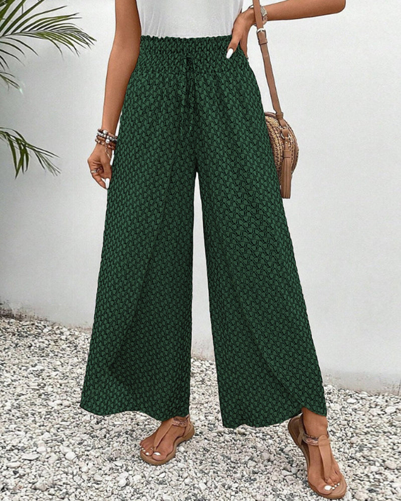 Women's Printed Wide-Leg Pants - Smocked Waist and Drawstring Detail