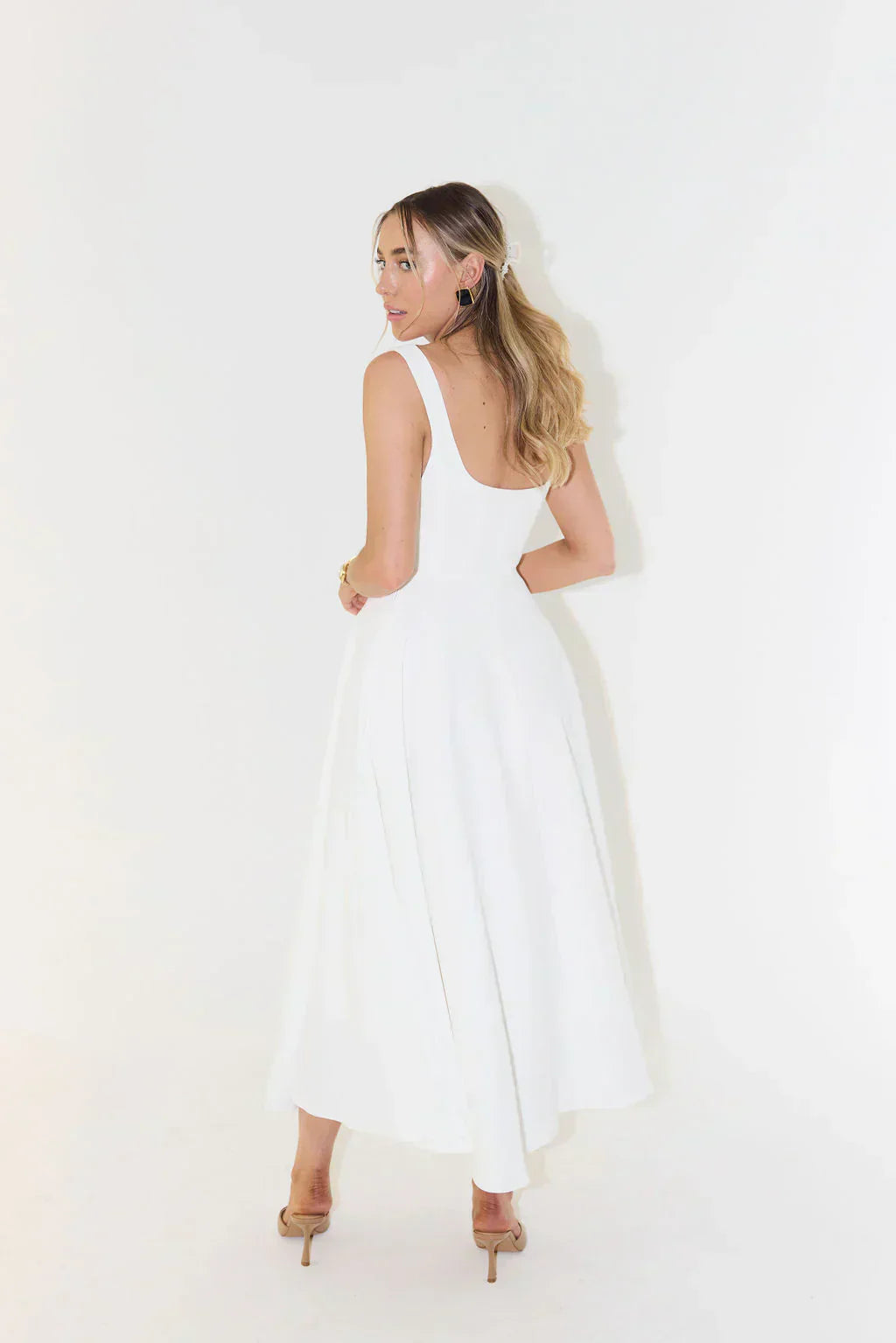 Women's Midi Dress - Square Neck and Pleated Skirt Detail