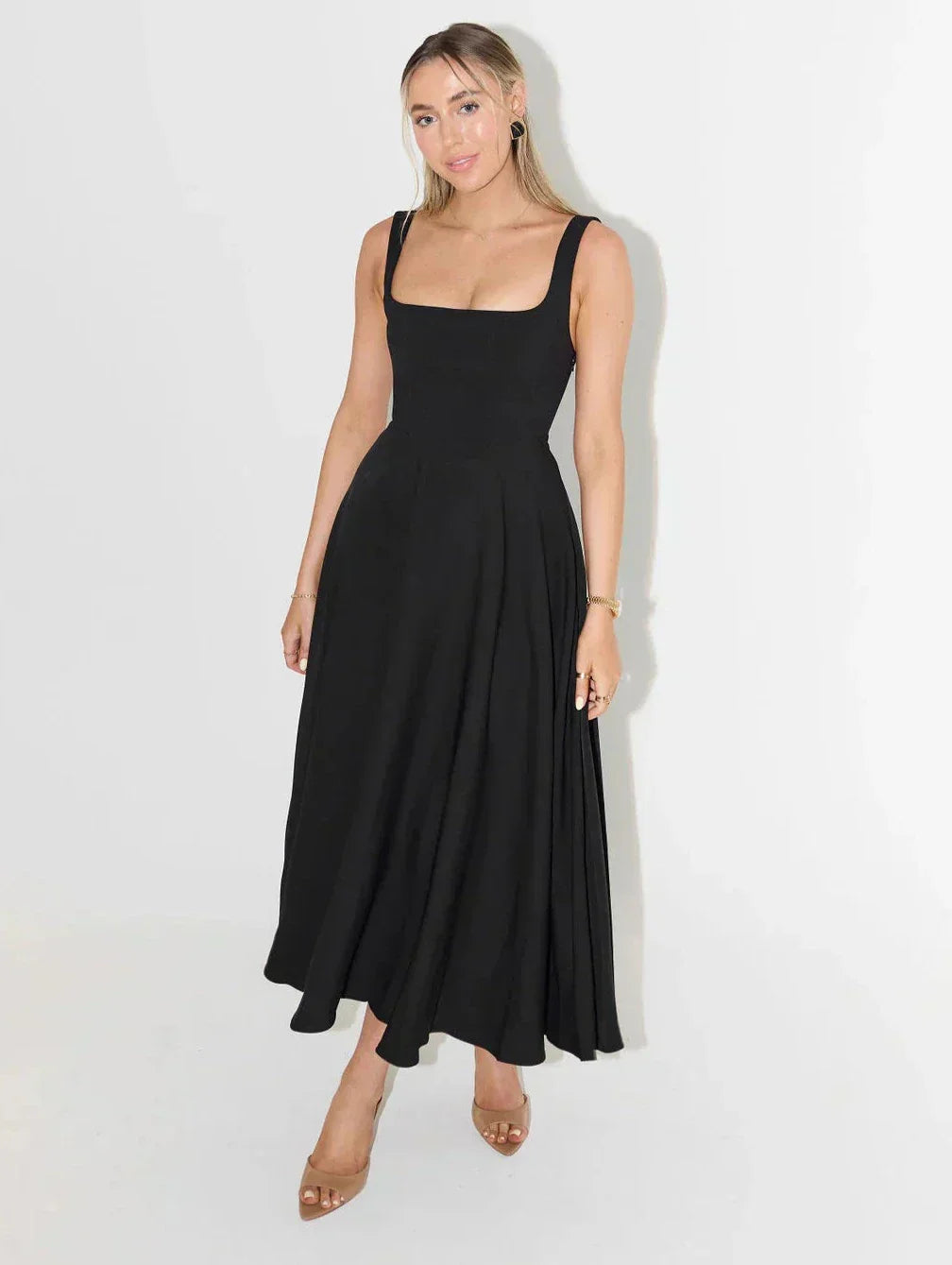 Women's Midi Dress - Square Neck and Pleated Skirt Detail