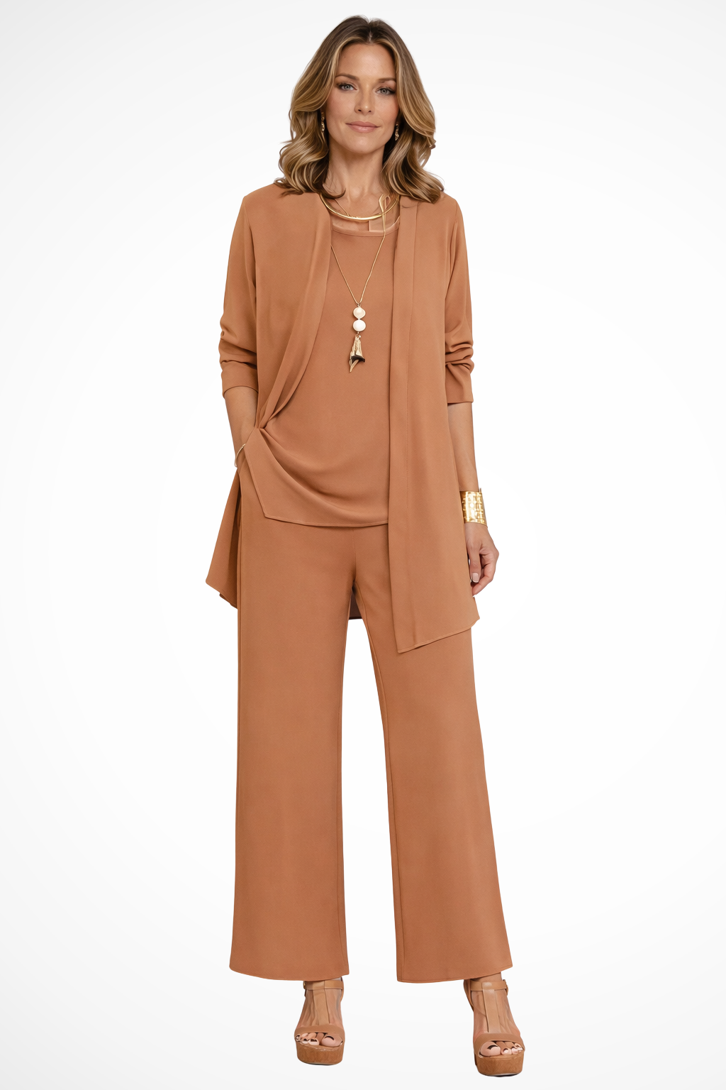 Women's Three-Piece Pant Set - Open-Front Cardigan and Wide-Leg Fit