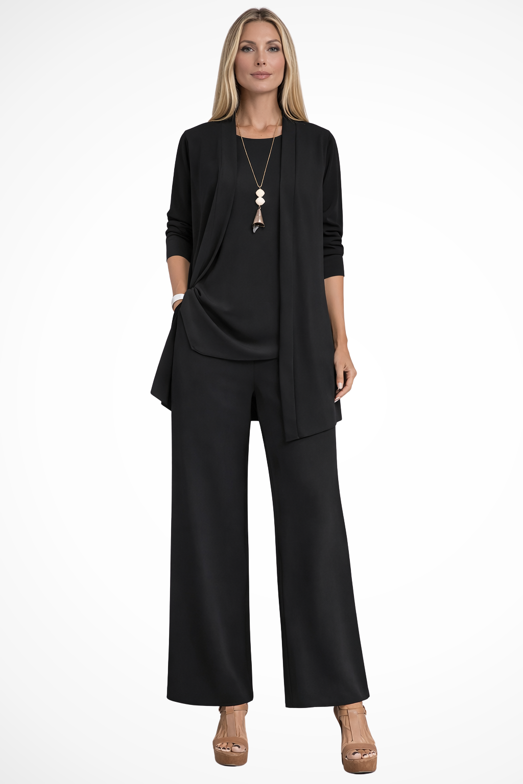 Women's Three-Piece Pant Set - Open-Front Cardigan and Wide-Leg Fit