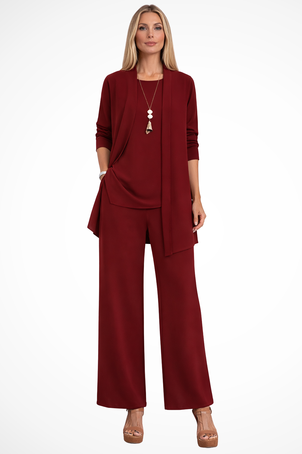 Women's Three-Piece Pant Set - Open-Front Cardigan and Wide-Leg Fit