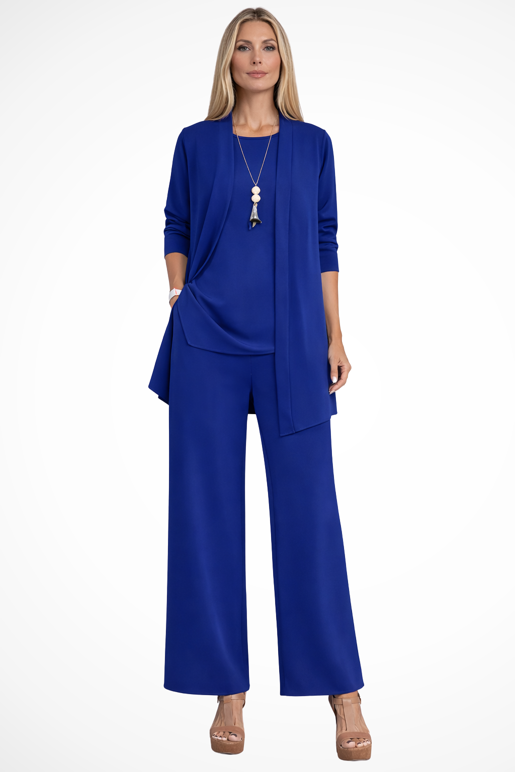Women's Three-Piece Pant Set - Open-Front Cardigan and Wide-Leg Fit