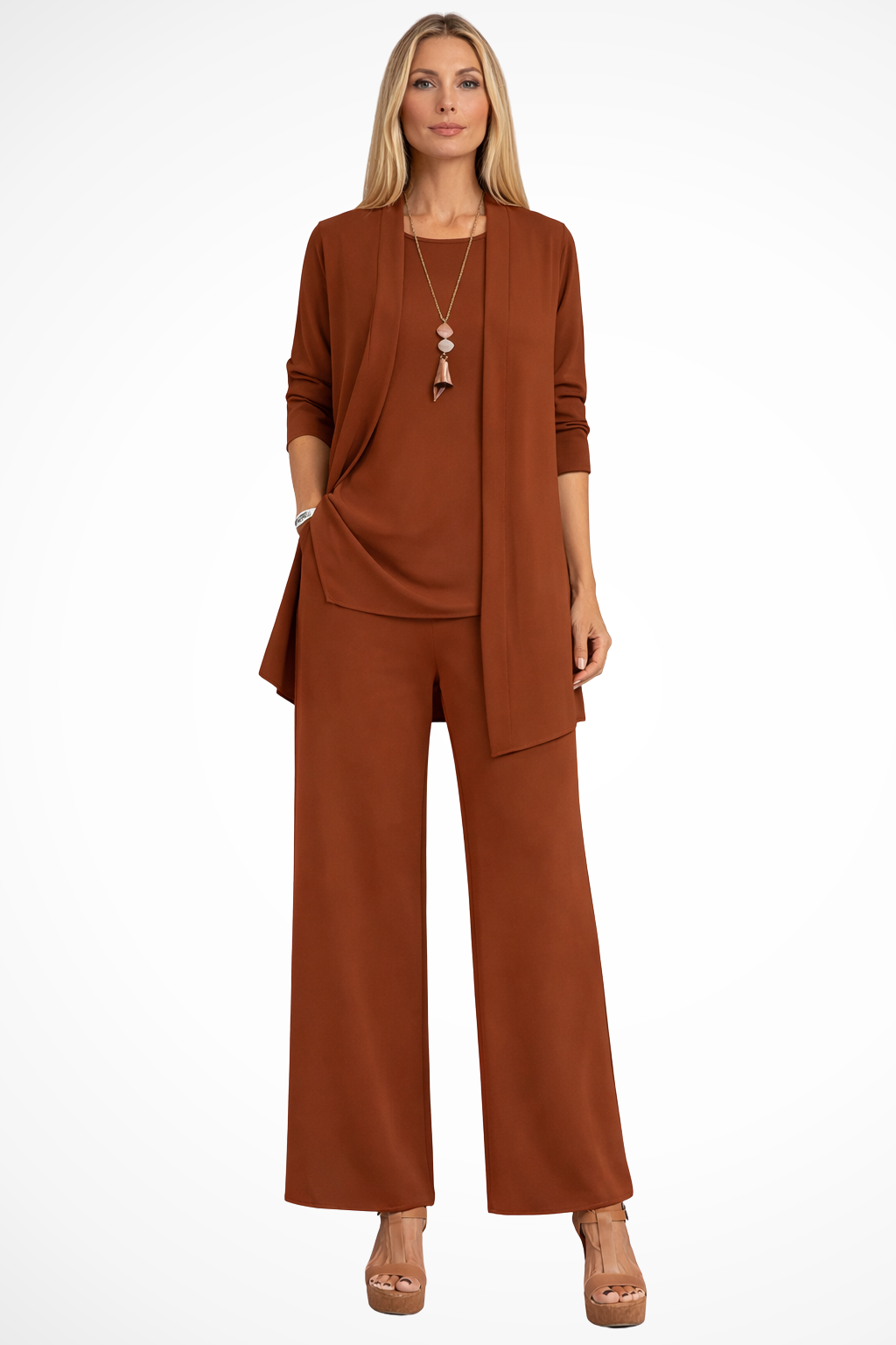 Women's Three-Piece Pant Set - Open-Front Cardigan and Wide-Leg Fit