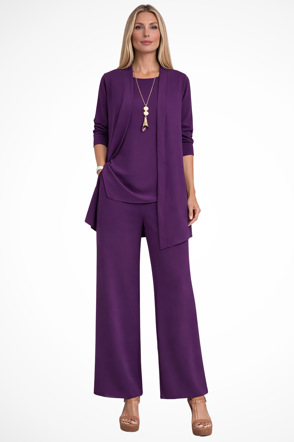 Women's Three-Piece Pant Set - Open-Front Cardigan and Wide-Leg Fit