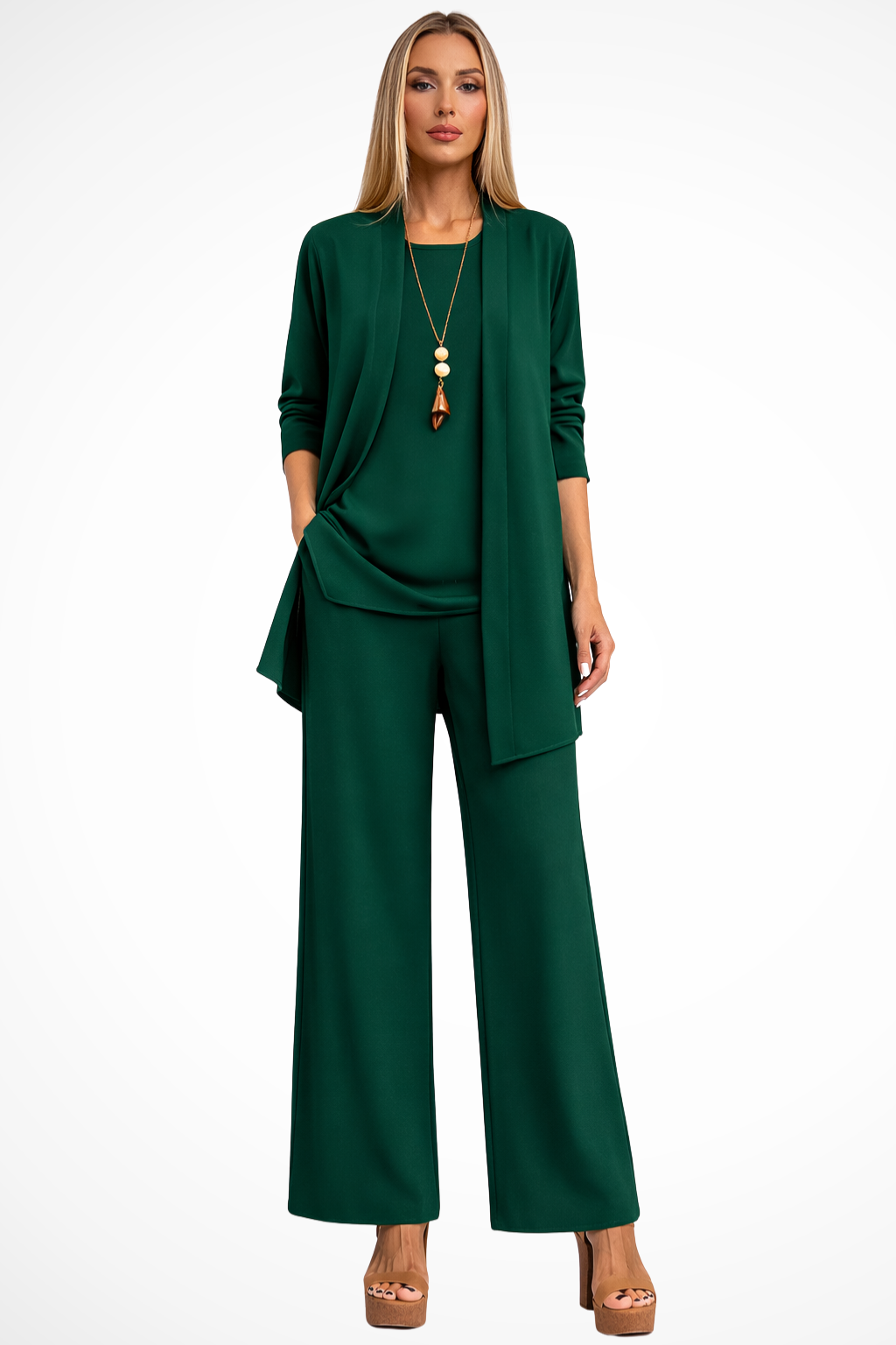Women's Three-Piece Pant Set - Open-Front Cardigan and Wide-Leg Fit