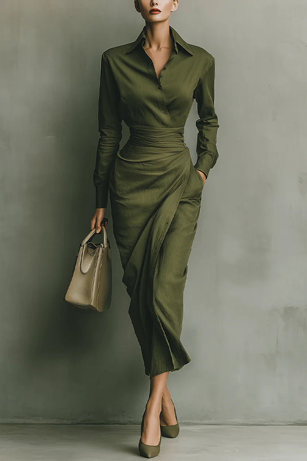 Women's Green Midi Dress - Point Collar and Wrapped Waist Detail