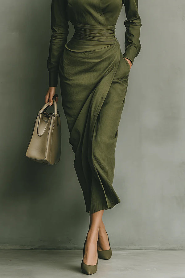 Women's Green Midi Dress - Point Collar and Wrapped Waist Detail