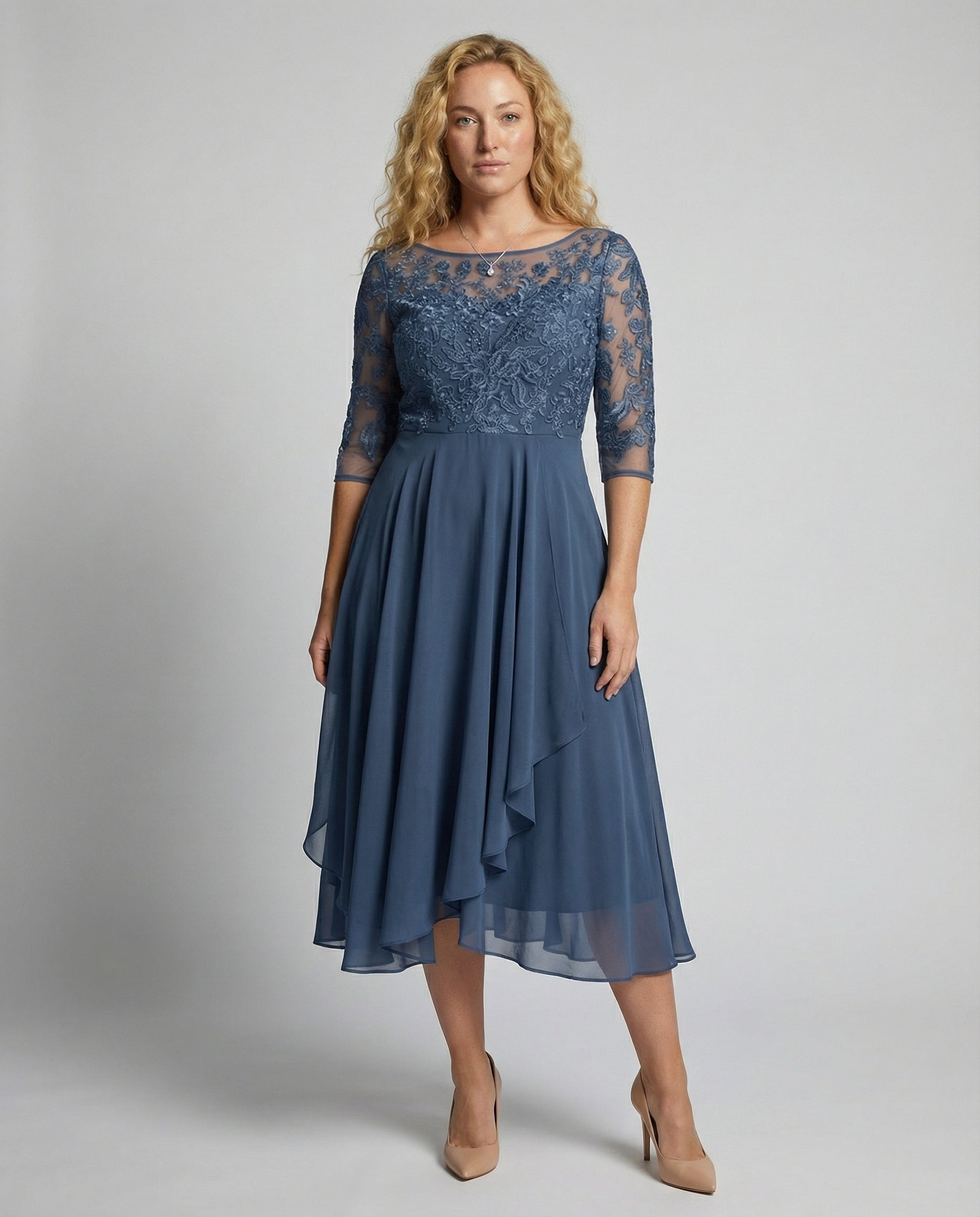 Women's Lace Bodice Midi Dress - Boat Neck and Ruffled Hem Detail