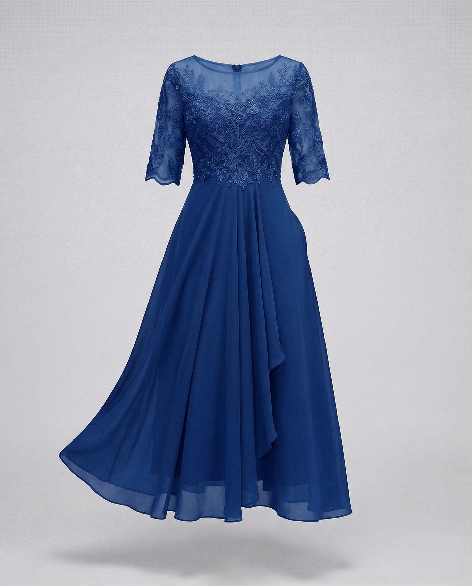 Women's Lace Bodice Midi Dress - Boat Neck and Ruffled Hem Detail
