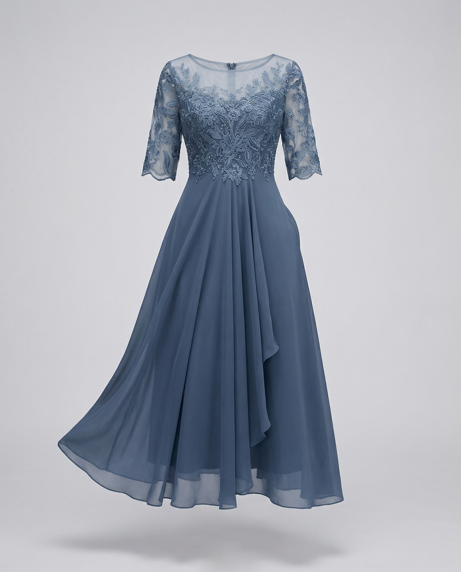 Women's Lace Bodice Midi Dress - Boat Neck and Ruffled Hem Detail