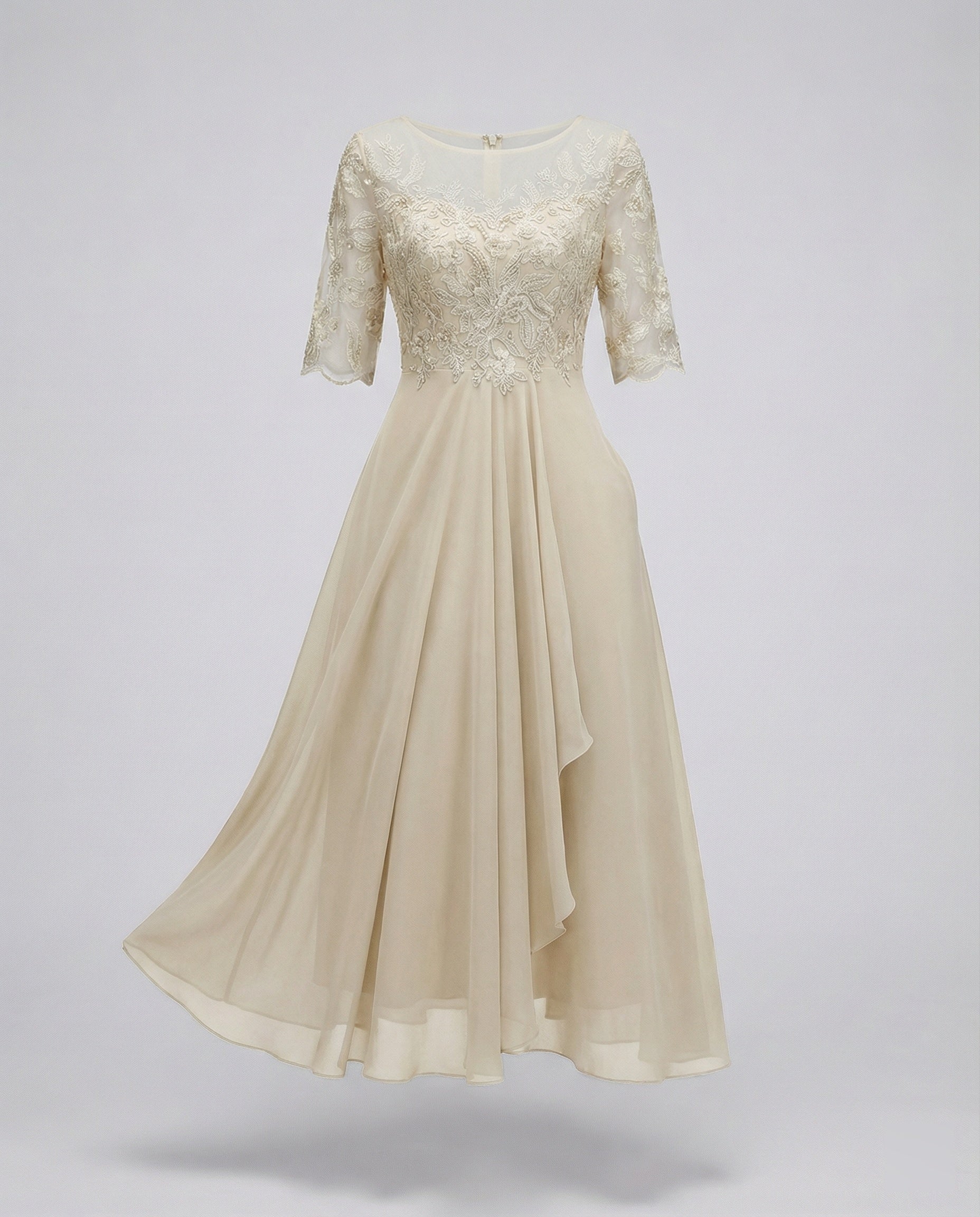 Women's Lace Bodice Midi Dress - Boat Neck and Ruffled Hem Detail