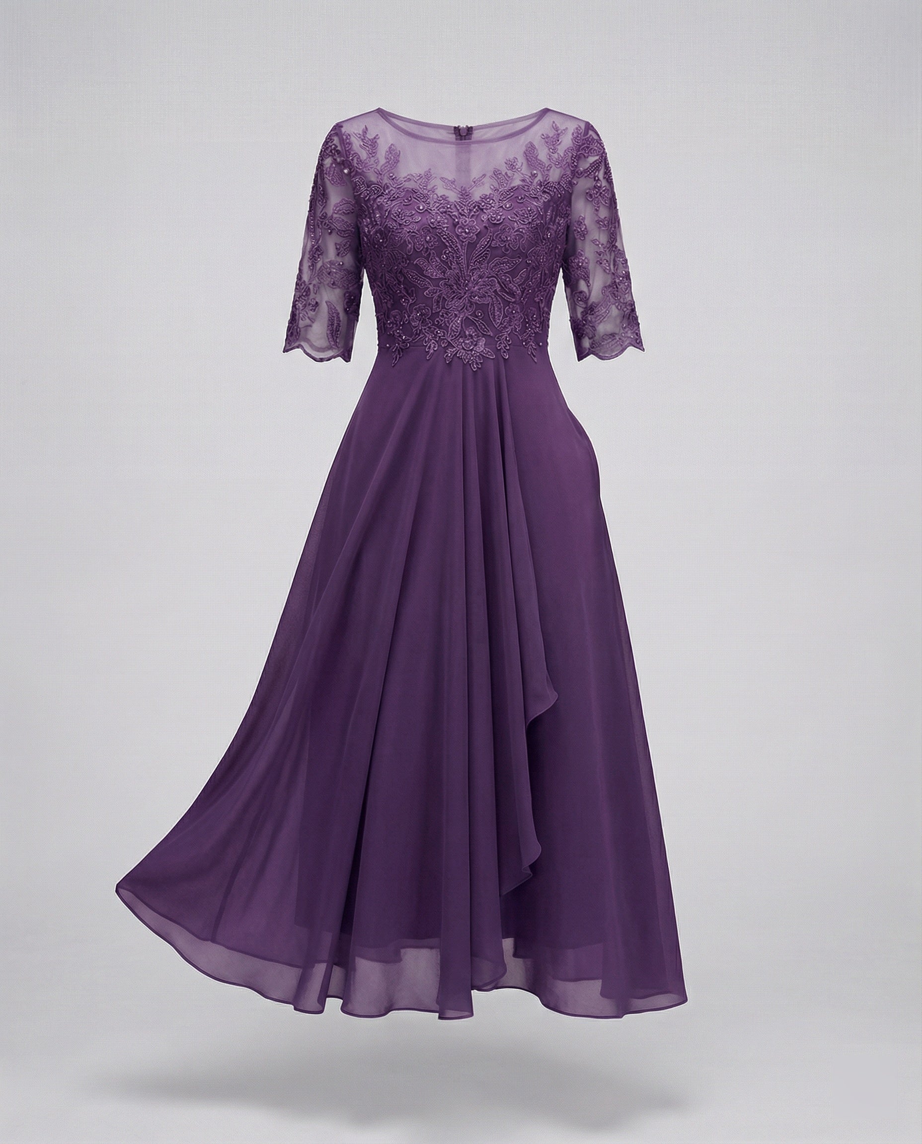 Women's Lace Bodice Midi Dress - Boat Neck and Ruffled Hem Detail