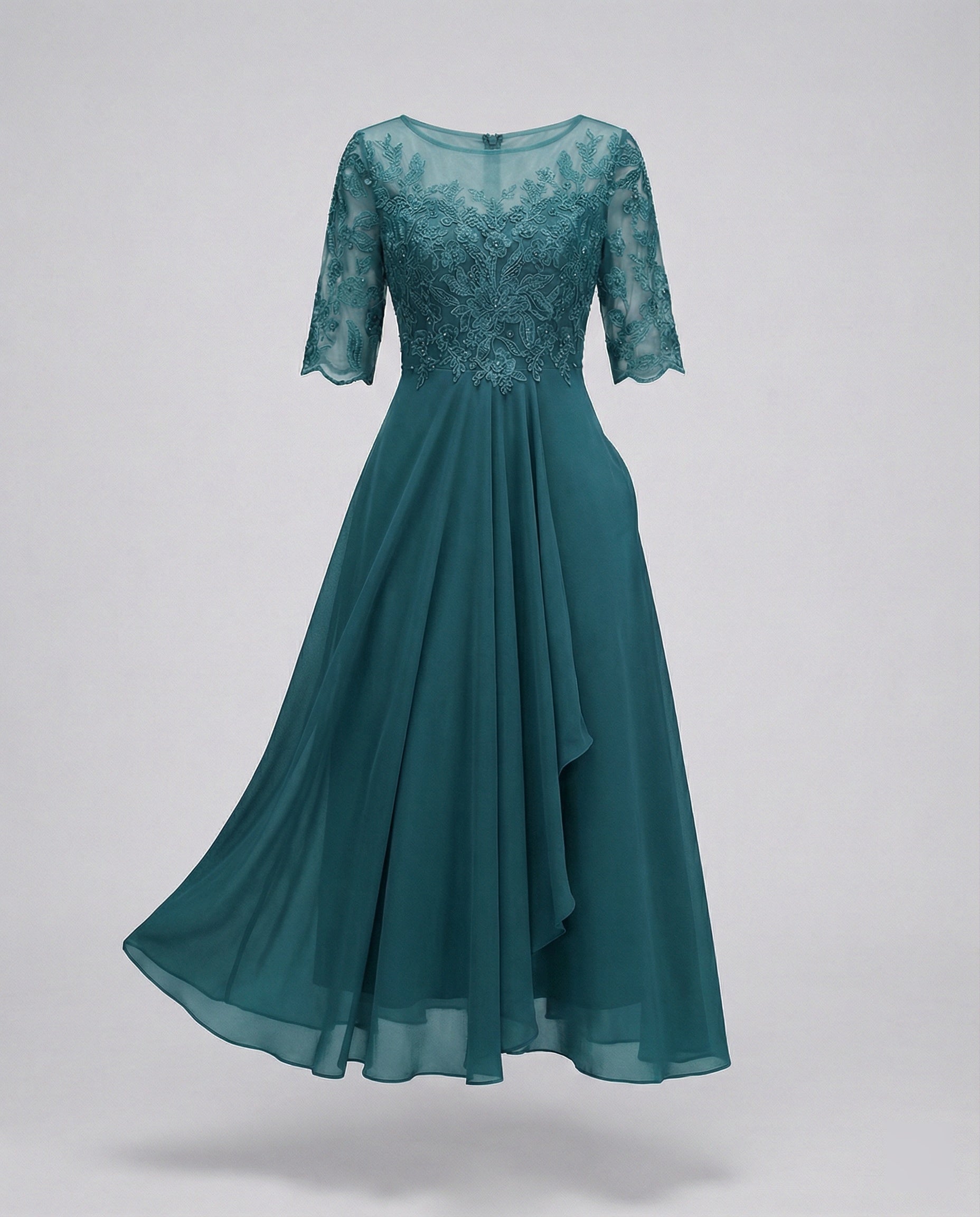 Women's Lace Bodice Midi Dress - Boat Neck and Ruffled Hem Detail