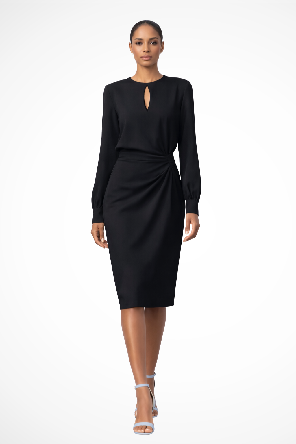 Women's Midi Dress - Keyhole Neckline and Side-Gathered Detail