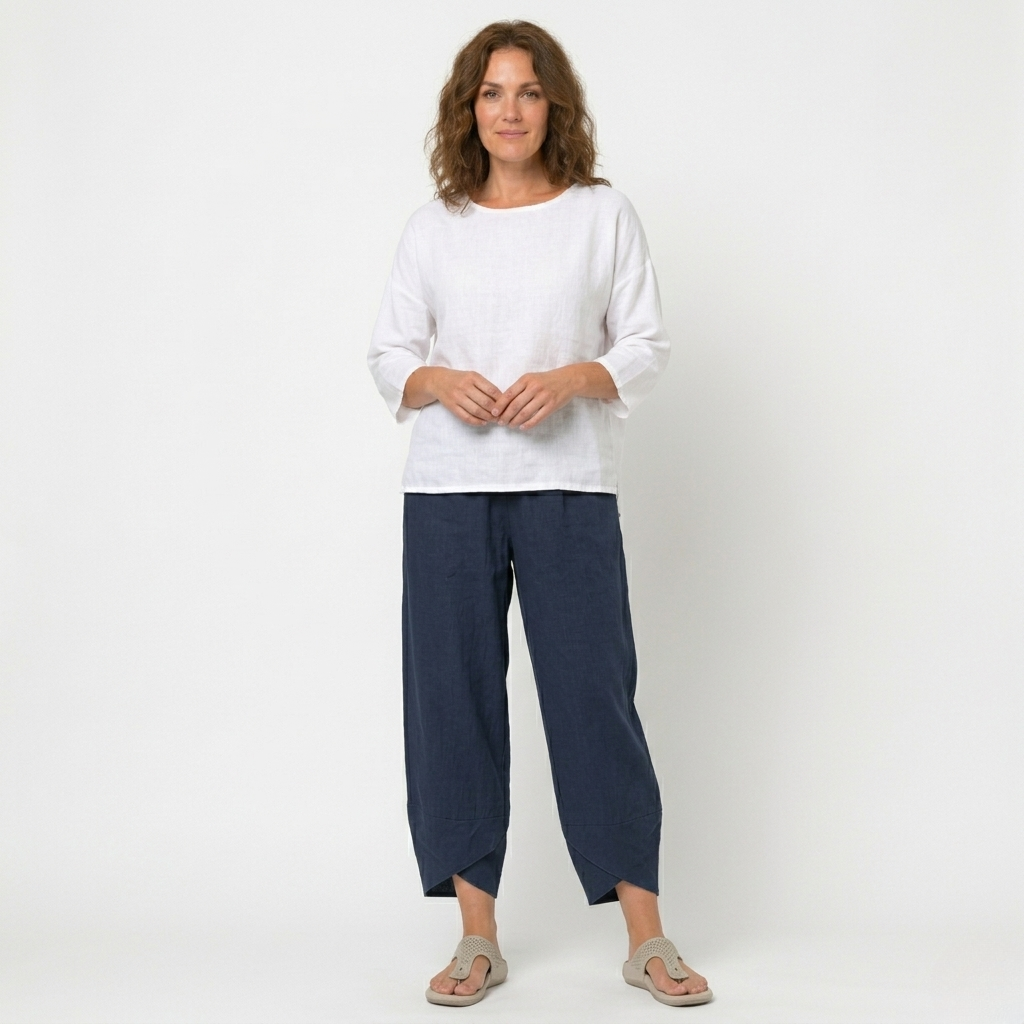 Women's Linen Trousers - Wide-Leg and Tulip Hem Detail