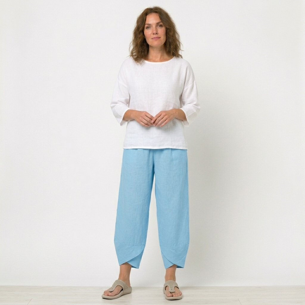 Women's Linen Trousers - Wide-Leg and Tulip Hem Detail