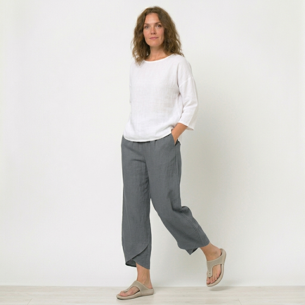 Women's Linen Trousers - Wide-Leg and Tulip Hem Detail
