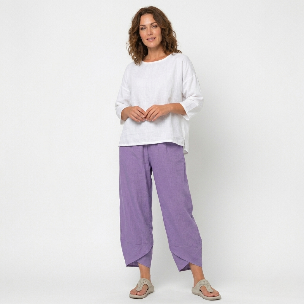 Women's Linen Trousers - Wide-Leg and Tulip Hem Detail