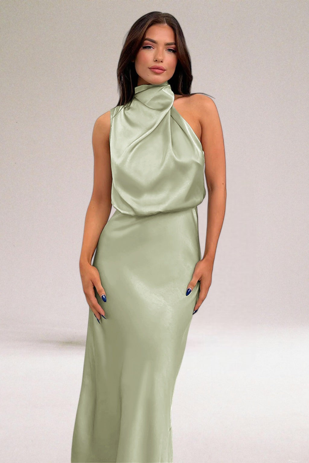 Women's Midi Dress - High-Neck and Draped Bodice Detail