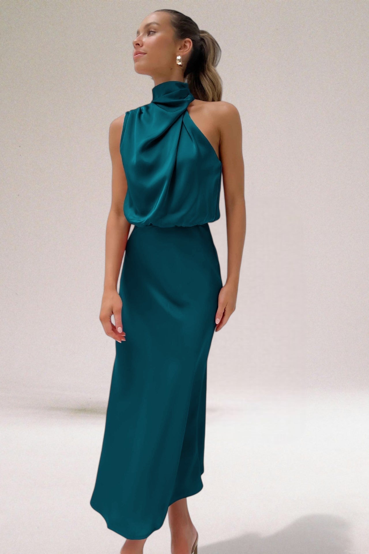 Women's Midi Dress - High-Neck and Draped Bodice Detail
