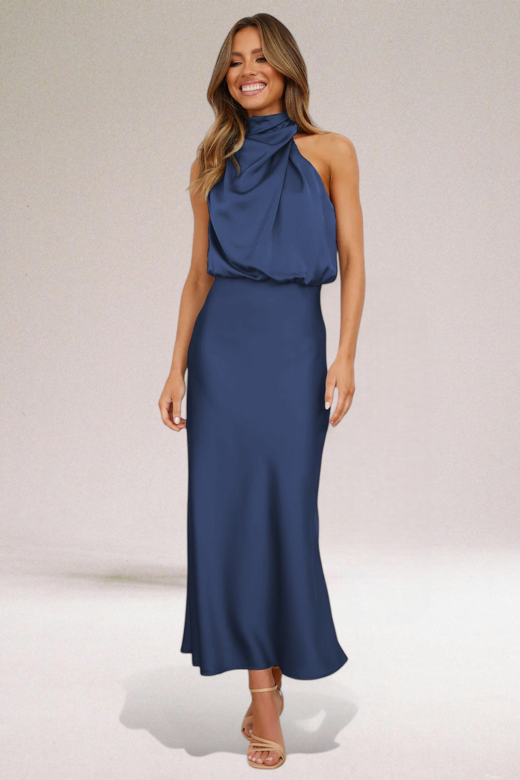 Women's Midi Dress - High-Neck and Draped Bodice Detail