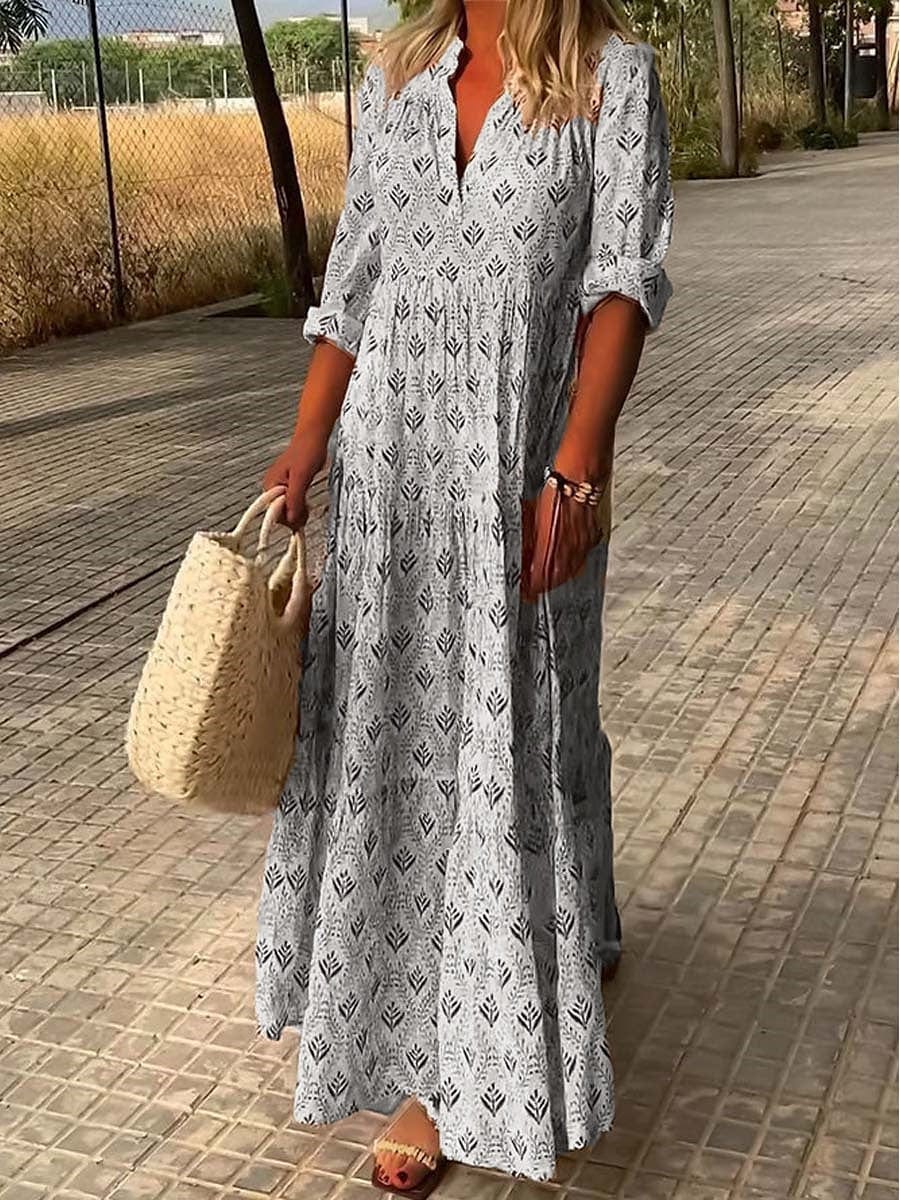 Women's Printed Maxi Dress V-Neck Tiered Skirt and Long Sleeves