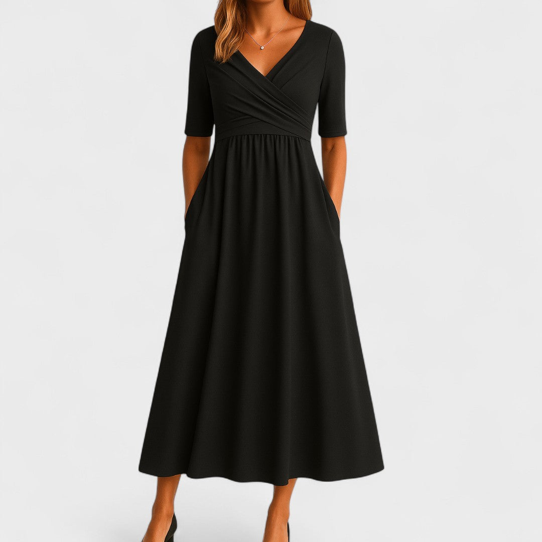 Women's Midi Dress - Surplice Neckline and Side Pockets Detail
