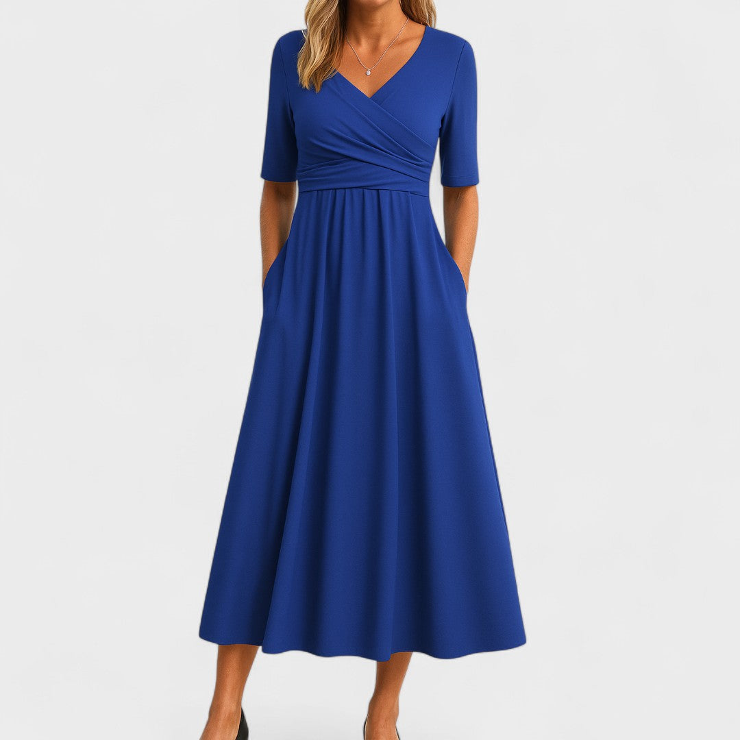 Women's Midi Dress - Surplice Neckline and Side Pockets Detail